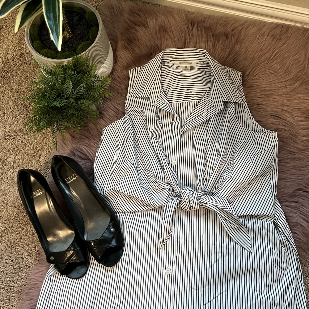 Motherhood Nursing Button Down Collared Blouse with Stripes and front tie detail